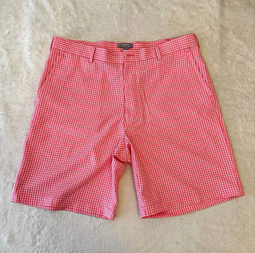 Peter Millar Men's Pink/White Check Chino Shorts Cotton Flat Front 10